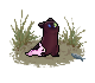 Pixel art of a young slugpup standing. It is dark red with point markings. One of its eyes is blue, while the other is green. There is a pink lantern mouse with long ears sitting near its feet.